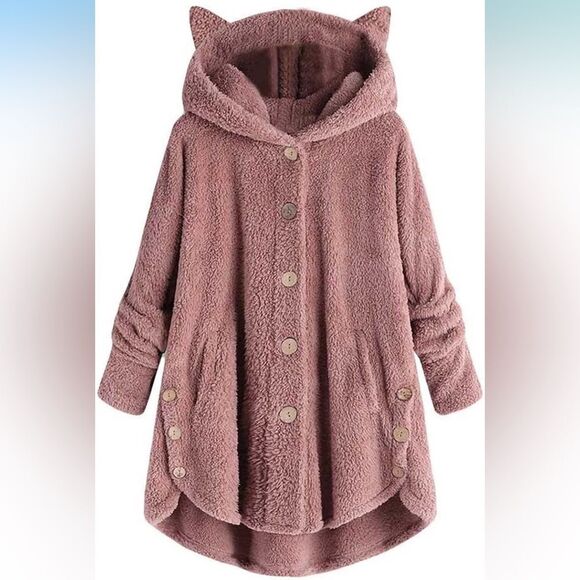 Women’s Cozy Pink Teddy Jacket w/ Cat Ear Hood Button Down Long Sleeve, Size 14 - Picture 13 of 13